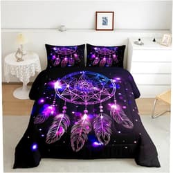 Erosebridal Dream Catcher Feather Comforter Set, Bohemian Mandala Down Comforter Twin Size for Kids Girls Boys, Starry Sky Galaxy Bedding Set Boho Tie Dye Exotic Flower Quilted Duvet, Purple