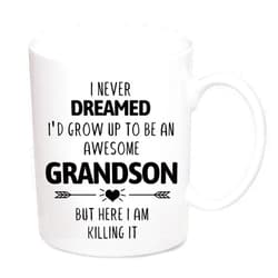 Flpoxzd Grandson Gift, Grandson Mug 11OZ, I Never Dreamed I'd Grow Up To Be AN ... Cool But Here I Am Killing It! Funny Mugs Gift from Grandma Grandpa, Coffee Gift for family Christmas Thanksgiving Halloween