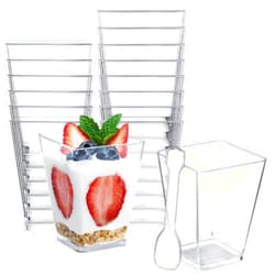 SHOPDAY 5 oz Plastic Dessert Cups 100 Pack Small Clear Square Parfait Cups with Spoons, Mini Plastic Tumbler Serving Cups for Tasting Party Appetizers Mousse Yogurt