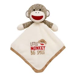 Baby Starters Plush 14 inch Snuggle Buddy with Embroidery and Satin, Sock Monkey Blanket and Toy, Tan