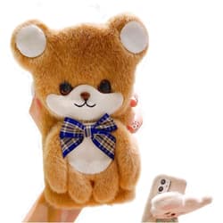 Atrfeel Plush Case for Nokia X100 with Screen Protector,Fluffy Nokia X100 Phone Case with Stand,Cute 3D Fuzzy Bear Shaped Bow-Knot Doll for Kids Girl Soft Hairy Warm Case,Brown