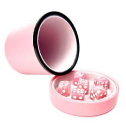 Luck Lab Pink Leather Dice Cup with Lid Including 6 Matching Pearl Dice - Pink Velvet Interior for Quiet Shaking - Use for Liars Dice Farkle Yahtzee Board Games