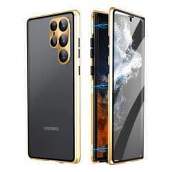 LUWAY Lockable Magnetic Case Glass Case for Samsung Galaxy S23 Ultra/S23 Plus/S23 Safety Lock 360 Full Body Double Sided Glass Bumper Case Clear Cover,Gold,for S23