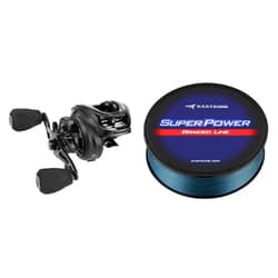 KastKing Zephyr Baitcasting Fishing Reel, Right Handed, Black & KastKing Superpower Braided Fishing Line, Gray, 15 LB, 150 Yds