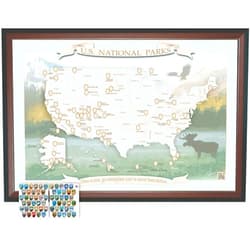 Handmade National Parks Map | Push Pin and Domed Stickers | USA National Parks Travel Map in mahogany/black frame. Map size including frame 28 x 19 inches