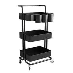 AIYAKA 3-Tier Rolling Utility Storage Cart, Multifunction Trolley Service Cart, with Mesh Basket Handles and Wheels, for Bathroom, Kitchen, Office, Black
