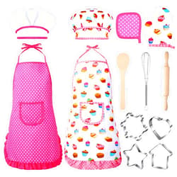 Cunhill Kids Cooking and Baking Set Baking Kit Apron Dress up Chef Costume Kids Aprons for Girls Toddler Chef Hat for Little Girls 2 to 6 Year Old