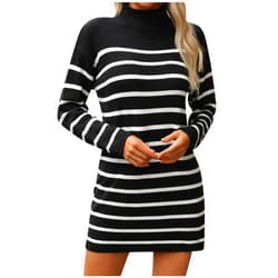 Generic Fall Dresses for Women 2024 Fashion Long Sleeve Knitted Sweater Dress Causal Mock Neck Striped Fall Pullover Outfits