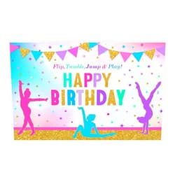 Funnytree Rainbow Gymnastics Birthday Theme Party Backdrop for Girl Gymnasts Tumbling Flip Jump Tumble and Play Decor Supplies Cake Table Banner Photo Booth Props Photography Background