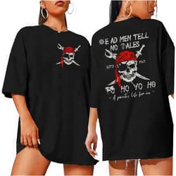 QIXYN Pirate Shirt Women Vintage Graphic Oversized Skeleton Shirt Funny Casual Skull Short Sleeve Top