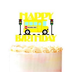 PHOHUI HAVE A NICE TIME School Bus Happy Birthday Cake Topper,Ready to Rule the School Cake Topper,Back to School First Day Party Centerpiece,Child Boys Girls School Themed Party Supplies Gold Glitter