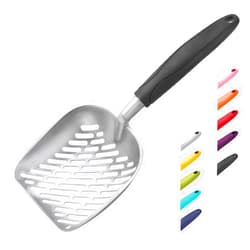 WePet Cat Litter Scoop, Aluminum Alloy Sifter, Kitty Metal Scooper, Deep Shovel with Diagonal Sifting Hole, Long Handle, Kitten Poop Lifter for Litter Box, Large Size, Black Handle