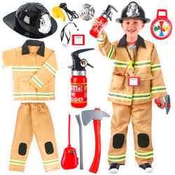 CAPTAIN CHAOWING Firefighter Costume for Kids 3-5, Fireman Costume for Boys with Toy Accessories Set, Firefighter Clothes Suit, Toddler Fireman Dress Up Outfit 2-4t, Halloween Costume for Boys Girls Age 4-7