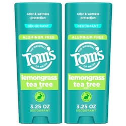 Tom's of Maine Tom’s of Maine Lemongrass Tea Tree Aluminum Free Natural Deodorant For Women & Men | Goes on Clear | Odor & Wetness Protection | Naturally Derived and Moisture-Locking Ingredients | 3.25 oz (2 Pack)
