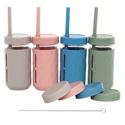 WeeSprout Glass Cups With Lids & Straws, Spill-resistant Cups for Toddlers & Kids, Triple as Toddler Cups, Baby Food Storage & Snack Jars, XL Silicone Straws, Easy-grip Sleeves, Set of four 12 oz jars