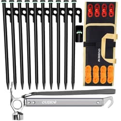 OUDEW Tent Stakes and Hammer Set,10pcs 10 in Heavy Duty Metal Tent Stakes + 12in Camping Hammer + Reflective Camping Rope + Storage Bag,Camping Accessories for Ground,Camp and Graden(Black)