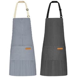 NLUS 2 Pcs Kitchen Cooking Aprons, Poly/Cotton Blend Adjustable Soft Bib Stripe Aprons with 2 Pockets for Women Men Chef (Blue Pinstripes/Black Pinstripes)