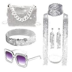 PLANTURECO 6 PCS 70s Disco Accessories Women 70s Disco Costume Set Disco Earrings Sequin Scarf Sunglasses Bracelet Headband Silver Purse