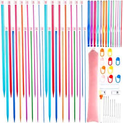 Yunsailing 64 Packs Stainless Steel Knitting Needle Set Colored Straight Single Pointed Knitting Needles Aluminum Crochet Hooks Set 14 Size from 2.0-10.0 mm Extra Long Straight Sweater Needles for DIY Knitting