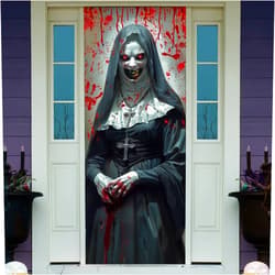 ANPHSIN Halloween 3D Nun Door Cover Sticker, 30 x 80 Inch Halloween Door Decorations Lifelike Wicked Nun Wallpaper Cover for Front Door House Room Decor, Party Outdoor Supplies