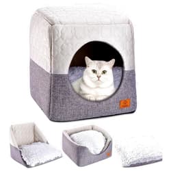 Ownpets Cat Bed for Indoor Cats, 3-in-1 Foldable Cat Cave Bed Cat Houses with Removable Washable Cushion Soft and Self Warming Cat Tent for Small Pets & Small Dogs(Grey)