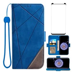 Asuwish Compatible with Samsung Galaxy S9 Plus Wallet Case and Tempered Glass Screen Protector Flip Cover Card Holder Cell Accessories Phone Cases for Glaxay S9+ 9S 9+ S 9 9plus S9plus Women Men Blue
