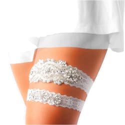 Princess V White Stretch Lace Rhinestone Pearl Garter, Wedding Garter Set with Toss Garter, Bridal or Prom Garter Set, Liga Para La Boda