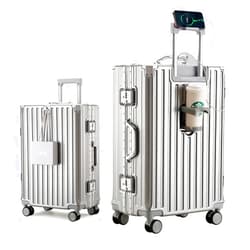 HotWay PC Hard Shell Carry On Luggage with Aluminum Frame, Suitcase with Cup Holder and USB Port, Zipperless Luggage for Business Travel (Silver, Carry On 20Inch)