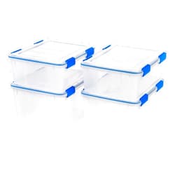 IRIS USA 26.5 & 44 Quart Combo WEATHERPRO Plastic Storage Box with Durable Lid and Seal and Secure Latching Buckles, Clear With Blue Buckles, Weathertight, 4 Pack
