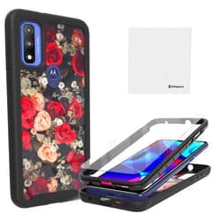 Fotosuncy for Motorola Moto G Pure Case with Screen Protector and Cleaning Cloth, Hybrid Dual Layer Drop Protection Armor Protective Cover for Girls and Women Flowers Black