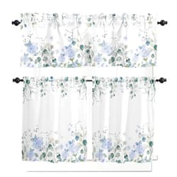 Yomandocix Blue Hydrangea Kitchen Curtains and Valances Set, Farmhouse Cafe Curtains Tier Rod Pocket Half Window Curtain 36 Inch Length Summer Eucalyptus Leaf Spring Butterfly 3 Piece Kitchen Curtain Set
