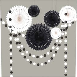 Cheerland Black White Party Decor for Halloween Theme Birthday Decoration Hanging Paper Fan Garland Streamer Banner Backdrop Wedding Bridal Baby Shower Party Supplies