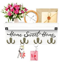 buways Wall-Mounted Key and Mail Holder, Wooden Key Rack with 4 Double Key Hooks, Rustic Home Decor for Entryway(White)
