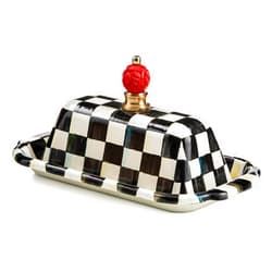 MACKENZIE-CHILDS Enamel Butter Box, Cute Lidded Butter Dish, Black-and-White Courtly Check
