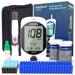 Metene TD-4116 Blood Glucose Monitor Kit, 100 Glucometer Strips, 100 Lancets, 1 Blood Sugar Monitor, Blood Sugar Test Kit with Control Solution, Lancing Device, No Coding, Large Display