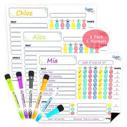 Oyster&Pop Magnetic Chore Chart 3Pcs for Multiple Kids & Adults - 5 Fine Tip Markers - Dry Erase Refrigerator Boards - Reward Good Behavior & Responsibility - Organize The Family