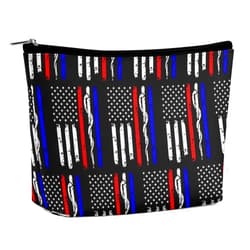 CWECVWE Travel Makeup Bag, Portable Waterproof Cosmetic Bag American Thin Red Blue Line Police Firefighter EMT Flag, PU Leather Large Capacity Makeup Pouch, Toiletry Bag with Zipper for Women