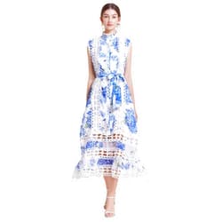 LAI MENG FIVE CATS Women's Sleeveless Hollow Out Lace Button Up Casual Midi Party Loose Dress with Belt