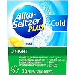 Alka-Seltzer Plus Night Cold Medicine, Lemon Effervescent Tablets with Pain Reliever/Fever Reducer, Lemon, 20 Count
