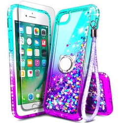 NGB Supremacy NGB Compatible for iPhone 6 6S 7 8 Case, iPhone SE 3 2022/iPhone SE 2 2020 Case with Tempered Glass Screen Protector, Ring Holder, Girls Women Kids Liquid Glitter TPU Cute Case (Aqua/Purple)