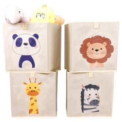 Navaris Toy Storage Boxes - Kids Bedroom Cube Baskets w/ Pull-Out Loop - Fabric Collapsible Box Drawers Unit for Shelves - Compatible with Ikea Kallax Inserts - Set of 4 Animals