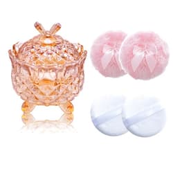 Qopoto 5 Pieces Large Body Powder Puff and Powder Container, Crystal Case for Dust Puff, Powder applicator with Box for Face and Body (Amber, Butterfly)