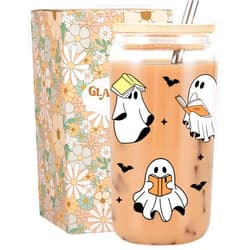 Fairy's Gift Ghost Reader Halloween Cup, Cute Halloween Spooky Gifts for Book Lovers, 16 oz Iced Coffee Cup with Lid Straw, Book Themed, Bookworm, Bookish Gifts for Women Book Lover Librarian