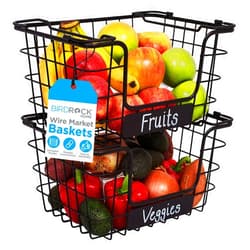 BIRDROCK HOME Stacking Wire Market Basket w/Chalk Label - Metal Storage Bin - Kitchen Counter, Pantry Cabinet, Shelves | Fruit, Vegetables, Bread, Onions, Potatoes & Snack - Metallic Black - Set of 2