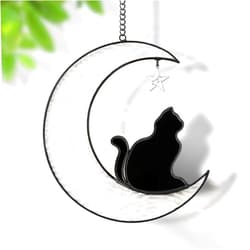 Tivray Christmas Black Cat Decor, Stained Glass Cat Suncatcher for Window Hanging, Handcrafted Stained Glass Black Cat on Moon Ornament for Cat Lovers Cat Memorial Gifts, Clear