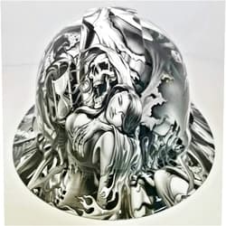 Wet Works Imaging Customized Pyramex Full Brim Hydro Dipped in White Soul Reaper Hard HAT with Ratcheting Suspension Custom LIDS Crazy Sick Construction PPE