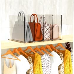 Noleja Purse Organizer for Closet, Clear Shelf Dividers,Adjustable Acrylic Shelf Divider for Clothes Purses Handbag Closet Organizer, Adjustable for Bedroom,Acrylic Bookshelf (2pcs 4dividers Tr)