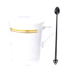 Nervure 60 Pack White Plastic Coffee Mugs with 60 PCS Black Coffee Stirrers - 8oz Disposable Coffee Cups with Handles & 5inch Coffee Stirrers - Plastic Tea Cups with Gold Rim for Wedding and Party