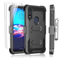 Njjex for Moto E Case, for Motorola Moto E 2020 Case with Tempered Glass Screen Protector [2 Pack], [Nbeck] Shockproof Heavy Duty Locking Swivel Holster Belt Clip Kickstand Rugged Hard Cover [Black]