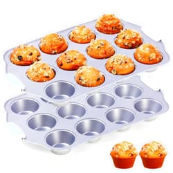 SJ 2 Pack Muffin Pan with Heat-Resistant Handles, 12 Cup Regular Size Cupcake Pan, Healthy Nonstick Coated Muffin Tray, PFOA & PFAS-Free Cupcake Baking Pan Molds for Oven Dishwasher Safe - Silver